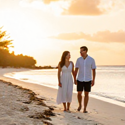 Caribbean Holidays, Bahamas Honeymoons June, Newlywed couple walking hand in hand along a quiet white sand beach in The Bahamas at sunset