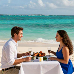 Caribbean Holidays, Bahamas Honeymoons June, Romantic beachfront dinner for two with candles, fresh seafood and turquoise Bahamian sea beyond