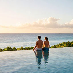 Caribbean Holidays, Bahamas Honeymoons, Luxury honeymoon resort in the Bahamas with couple relaxing beside an infinity pool overlooking the Caribbean Sea at golden hour
