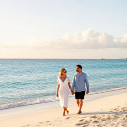 Caribbean Holidays, Bahamas Honeymoons, Newlywed couple walking hand in hand along a quiet white sand beach in Nassau, Bahamas, turquoise sea and warm morning light