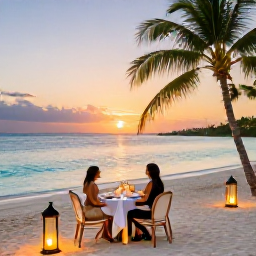 Caribbean Holidays, Bahamas Honeymoons, Romantic beachfront dinner for two in the Bahamas, elegant table setting, lanterns, palm trees and sunset over calm turquoise water