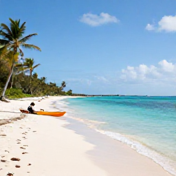 Caribbean Holidays, Bahamas in April, A bright April morning over a quiet Bahamian beach with clear turquoise water, pale sand, palm trees and a small kayak near the shore
