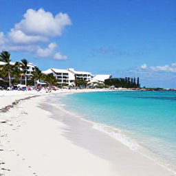 Caribbean Holidays, Bahamas in April, A bright, relaxed beach scene in The Bahamas in April, with clear turquoise water, soft white sand, palm trees and a welcoming all-inclusive resort
