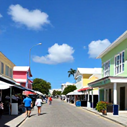Caribbean Holidays, Bahamas in April, A colourful Nassau street scene in The Bahamas, showing pastel buildings, a local market, visitors walking and bright Caribbean sunshine