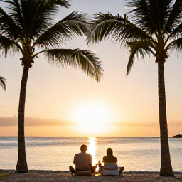 Caribbean Holidays, Bahamas in April, A couple relaxing at sunset beside a Bahamian beach resort, with palm trees, calm water and warm golden light