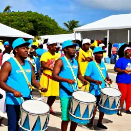 Caribbean Holidays, Bahamas in April, Bahamian cultural celebration in April with musicians playing junkanoo drums, dancers in bright costumes and a cheerful crowd