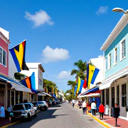 Caribbean Holidays, Bahamas in April, Bright Nassau street scene in April with pastel colonial buildings, colourful Bahamian flags, local shops and visitors exploring on foot