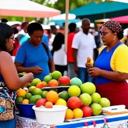 Caribbean Holidays, Bahamas in April, Friendly Bahamian market in Nassau during April with fresh tropical fruit, handmade crafts, colourful stalls and local people chatting