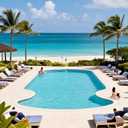 Caribbean Holidays, Bahamas in April, Guests enjoying a stylish all-inclusive resort in The Bahamas, with a pool, sun loungers, tropical gardens and the sea in the background