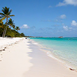 Caribbean Holidays, Bahamas in April, Quiet turquoise Bahamian beach in April with soft white sand, palm trees, clear shallow water and a small boat offshore
