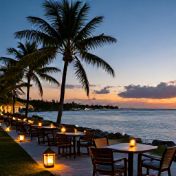 Caribbean Holidays, Bahamas in April, Relaxed April evening on a Bahamian waterfront with outdoor dining, lanterns, palm trees and a colourful sunset over calm water