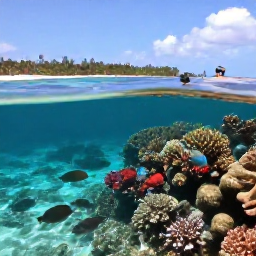 Caribbean Holidays, Bahamas in April, Snorkellers viewing colourful coral and tropical fish in clear shallow Bahamian water beside a sandy reef