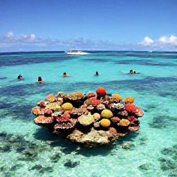 Caribbean Holidays, Bahamas in April, Visitors swimming in crystal-clear Bahamian water near a colourful coral reef, with tropical fish, a small boat and sunny blue skies