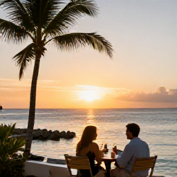 Caribbean Holidays, Bahamas in August, A couple enjoying a relaxed sunset from a Bahamian waterfront restaurant, with palm trees and calm sea