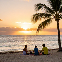 Caribbean Holidays, Bahamas in August, A family enjoying a sunset picnic on a Bahamian beach, with calm water, palm silhouettes and a warm golden sky