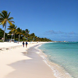 Caribbean Holidays, Bahamas in August, A quiet Bahamian beach with palm trees, clear shallow water and a couple walking along the shore in August