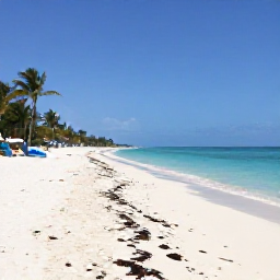 Caribbean Holidays, Bahamas in August, A wide white-sand beach in the Bahamas with clear turquoise water, palm trees and a few sun loungers under a bright summer sky