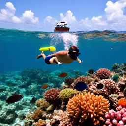 Caribbean Holidays, Bahamas in August, Visitors snorkelling above a colourful coral reef in clear Bahamian water, with tropical fish and a small boat in the distance