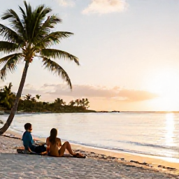 Caribbean Holidays, Bahamas in December, Couple relaxing on a quiet white-sand Bahamas beach at sunset, with calm water, palm trees and soft golden light