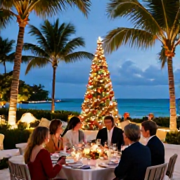 Caribbean Holidays, Bahamas in December, Elegant beachfront Bahamas resort decorated for Christmas, with palm trees, warm evening lights and guests enjoying a festive dinner