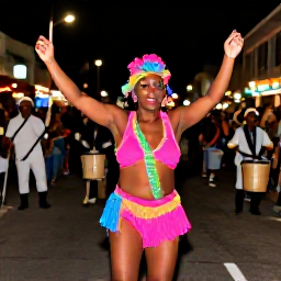 Caribbean Holidays, Bahamas in December, Junkanoo parade in Nassau at night with colourful costumes, dancers, musicians, drums and cheering crowds in a festive Caribbean street scene