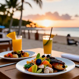 Caribbean Holidays, Bahamas in December, Outdoor table at a Bahamian restaurant with conch salad, grilled fish, tropical fruit and a relaxed island setting at sunset