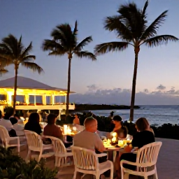 Caribbean Holidays, Bahamas in December, Relaxed December evening in the Bahamas with a palm-lined resort, warm lights, calm sea and holidaymakers enjoying an outdoor dinner