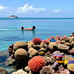 Caribbean Holidays, Bahamas in December, Visitors snorkelling above a colourful coral reef near the Bahamas, with bright fish, calm blue water and a boat in the distance