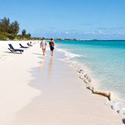 Caribbean Holidays, Bahamas in December, White sandy Bahamian beach in December with clear shallow turquoise water, gentle waves, sun loungers and a relaxed couple walking along the shore