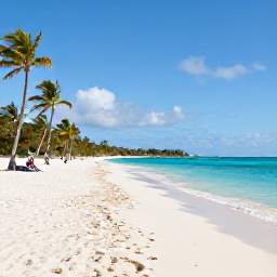 Caribbean Holidays, Bahamas in February, A bright white-sand beach in The Bahamas on a warm February morning, clear turquoise water, palm trees and a few relaxed visitors
