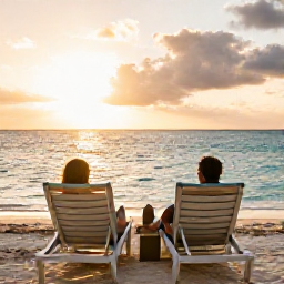 Caribbean Holidays, Bahamas in February, A couple relaxing on a Bahamian beach at sunset in February, comfortable loungers, calm turquoise sea and warm golden light