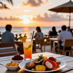 Caribbean Holidays, Bahamas in February, A relaxed beachfront restaurant in the Bahamas at sunset, with fresh seafood, tropical drinks and diners enjoying the evening