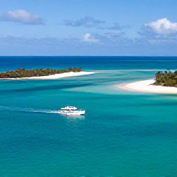 Caribbean Holidays, Bahamas in February, A small boat cruising across calm turquoise water between Bahamian islands, with bright sandbanks and scattered palm trees