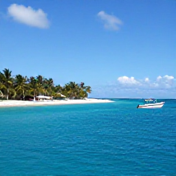 Caribbean Holidays, Bahamas in February, A small boat journey through calm turquoise Bahamian waters towards a peaceful unspoilt island, with bright sky and palm-fringed beaches
