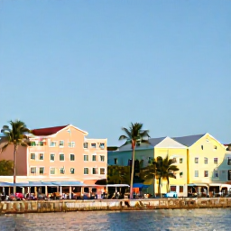 Caribbean Holidays, Bahamas in February, Bright February morning in Nassau, Bahamas, with pastel colonial buildings, palm trees and visitors exploring a lively waterfront