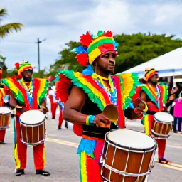 Caribbean Holidays, Bahamas in February, Colourful Junkanoo dancers and musicians in Nassau wearing elaborate costumes, playing drums and cowbells during a lively Bahamian street parade