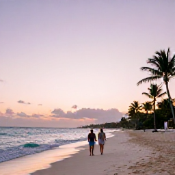 Caribbean Holidays, Bahamas in February, Couple walking along a quiet Bahamian beach at sunset in February, with gentle waves, pastel sky and palm silhouettes