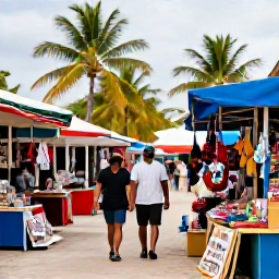 Caribbean Holidays, Bahamas in February, Couple walking through a colourful Bahamian market in Nassau, browsing handmade crafts and souvenirs beneath palm trees