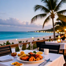 Caribbean Holidays, Bahamas in February, Relaxed beachfront restaurant in The Bahamas at dusk, serving fresh seafood with turquoise sea and softly lit palm trees in the background