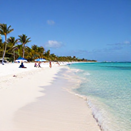 Caribbean Holidays, Bahamas in February, Sunny white-sand beach in The Bahamas during February, with clear turquoise water, palm trees and a few relaxed holidaymakers