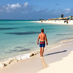 Caribbean Holidays, Bahamas in February, Traveller enjoying a sunny February day at Cable Beach in Nassau, with clear shallow water, white sand and colourful umbrellas