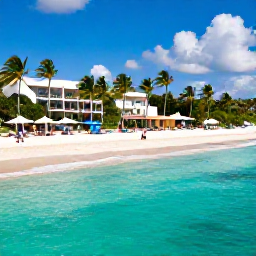 Caribbean Holidays, Bahamas in July, A bright turquoise beach at an all-inclusive resort in the Bahamas in July, with palm trees, white sand and a few relaxed holidaymakers