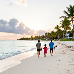 Caribbean Holidays, Bahamas in July, A family walking along a wide white-sand beach in the Bahamas at sunset, with calm turquoise water and palm trees