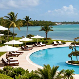 Caribbean Holidays, Bahamas in July, An elegant all-inclusive Bahamas resort beside a calm lagoon, showing a swimming pool, shaded loungers, tropical gardens and outdoor dining