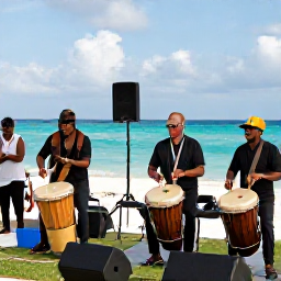 Caribbean Holidays, Bahamas in July, Bahamian musicians playing drums and guitars at an outdoor summer cultural event beside the sea