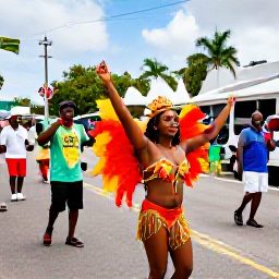 Caribbean Holidays, Bahamas in July, Colourful Junkanoo dancers and musicians performing in a Nassau street during a lively Bahamian summer festival