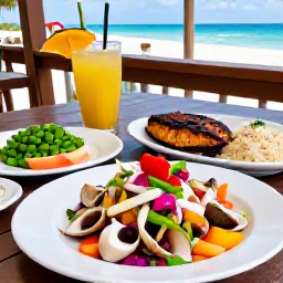 Caribbean Holidays, Bahamas in July, Fresh Bahamian conch salad, grilled fish, peas and rice, and tropical fruit served at a relaxed seaside restaurant