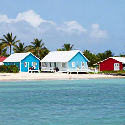Caribbean Holidays, Bahamas in July, Traveller visiting a quiet Bahamian island village with bright wooden homes, palm trees and a calm turquoise shoreline