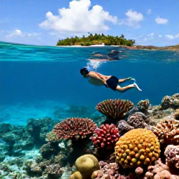 Caribbean Holidays, Bahamas in July, Visitors snorkelling above colourful coral and tropical fish in clear Bahamian water near a sandy island