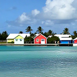 Caribbean Holidays, Bahamas in June, Traveller visiting a quiet Bahamian island village, with colourful houses, palm trees and a calm turquoise sea